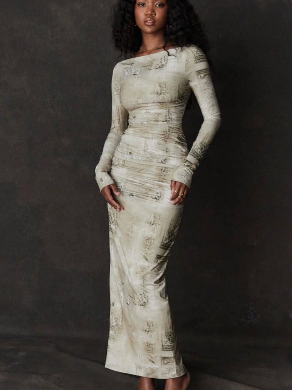 House of CB Beige Printed Long Sleeve Maxi Dress